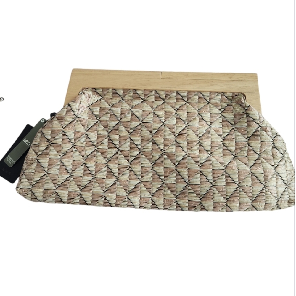 NWT Mango MNG Straw Wooden Clutch/ Wristlet Bag - Picture 9 of 9